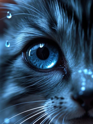 Close-up of small grey kitten’s tear falling slowly from eye, wa...