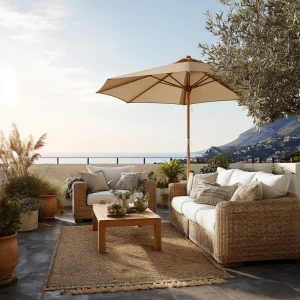 Create a scene of a luxurious outdoor patio featuring white cush...