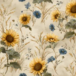vintage farmhouse botanical repeat pattern, scattered sunflowers...