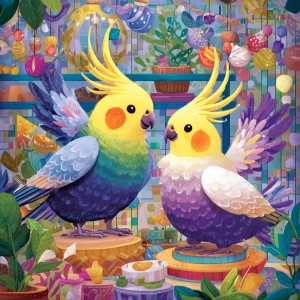 Illustrate a lively setting in a vibrant aviary, where two anima...