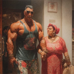 hyperrealism painting,a muscular beefy criminal kashmiri man wal...