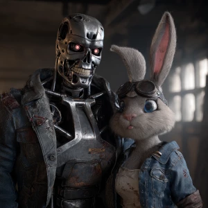 Buggs and Lola bunny styled as a T-800 Terminator, battle damage...