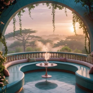 Create an image of a secluded circular balcony made of shimmerin...