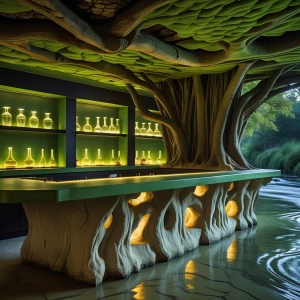 Wet Bar — Moss-Covered Wine Cellar
A carved limestone bar with p...