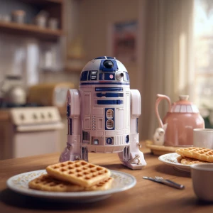 Create an image of R2D2 positioned on a breakfast table next to...