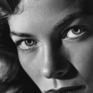 Ultra realistic big close-up portrait of Lauren Bacall, black an...