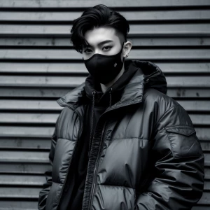 This monochrome photograph features a young individual wearing a...