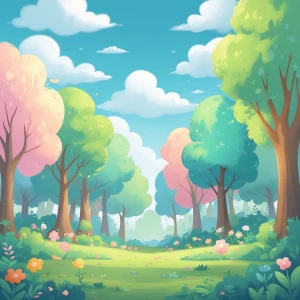 cute children cartoon forest, pastel colors, bright sky with flu...