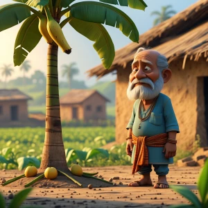 3D cartoon old Indian grandfather standing sadly near a banana t...