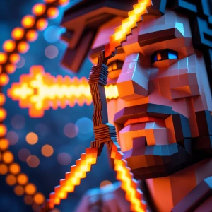 Close-up cinematic shot of Steve Minecraft holding an enchanted...