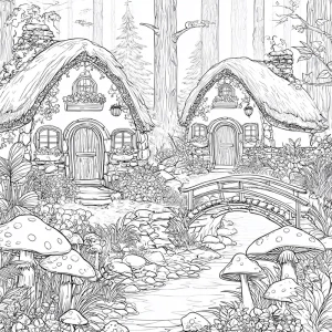 Whimsical fantasy garden scene in detailed black-and-white line...