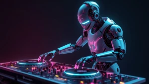 Futuristic DJ robot with glowing neon lights, mixing music on a...