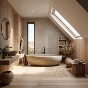 Create a captivating image of a luxurious Scandinavian bathroom...