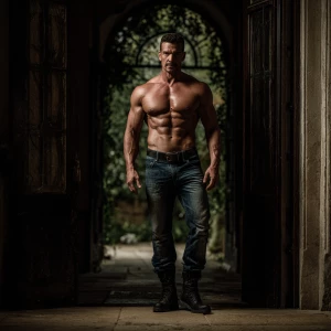 The image depicts a muscular,bodybuilder Italian man standing in...