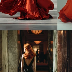 An elegant supermodel with fiery red hair gracefully walks forwa...