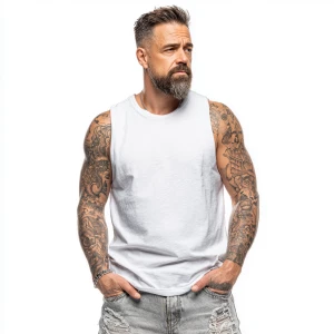 Create an image of a man with a short, combed-over haircut and a...