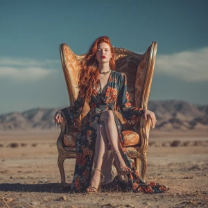 Redhead model sitting on a luxury chair in the desert