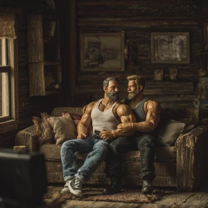 Two muscular men, John and Bobby, both with beards, displaying a...