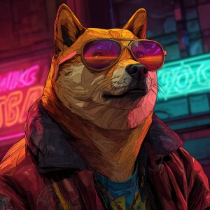 Character DOGE in GTA art style,  , gta style illustration, neon...