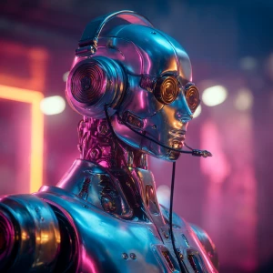 A sleek metallic robot DJ wearing headphones, performing live at...