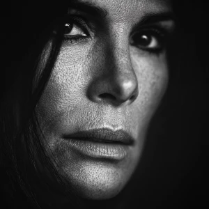 Ultra realistic big close-up portrait of Sandra Bullock, cinemat...