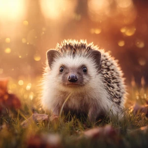 ultra-cute baby hedgehog sitting in soft woodland grass at golde...