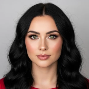 The person in the image is a woman with fair skin and a symmetri...