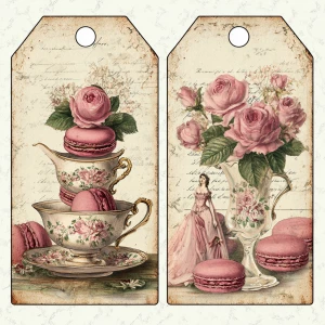 Victorian Mauve Rose Tea Tags – 2 Large Tags (Teacups, Macarons...