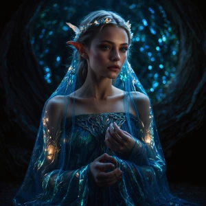 Draped in flowing robes of shimmering, bioluminescent fabric, a...