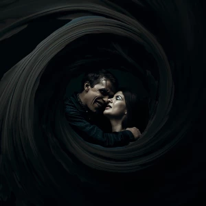 A swirling abyss of pulsing shadows envelop two figures, their m...