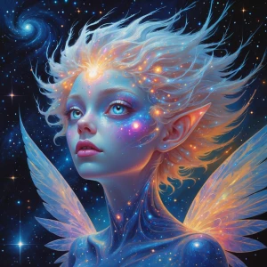 In a mesmerizingly surreal oil painting, a cosmic being with swi...