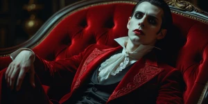 A sophisticated post-modern vampire lounges on a velvet chaise,...