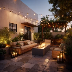 Create an outdoor living space featuring cozy sofas, a fire pit,...