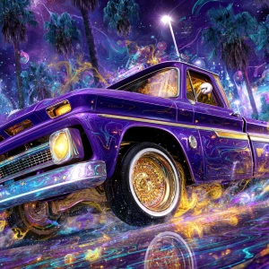 A classic lowrider truck bouncing on hydraulics, its candy paint...