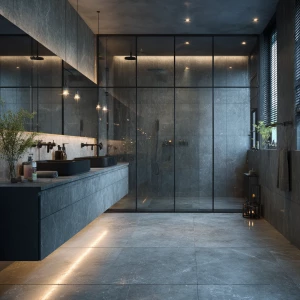 Generate a realistic image of a spacious and luxurious grey marb...