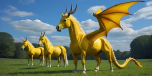 Well lit surroundings, green pasture, blue sky. Yellow scaled dr...