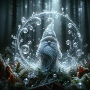 In a mist-shrouded forest clearing, a spectral gnome of ethereal...