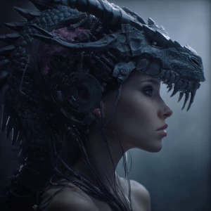 dark art,female humanoid with cybernetic dragon parts, hybridcyb...