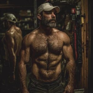 Generate an image of a muscular handsome well groomed and hairy...