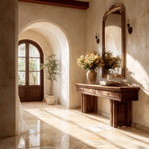 Create a 16:9 aspect ratio image of an elegant Italian foyer fea...