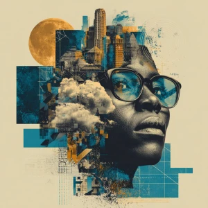 A surreal digital collage portrait of an african female samurai...