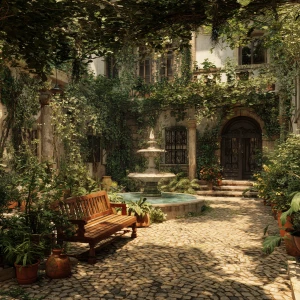 Create an image of a serene stone courtyard adorned with lush cl...