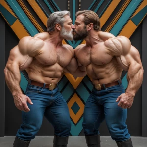 Make 2 men kissing with brown and gray hair and beard bodybuilde...