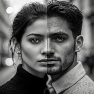 Black and white couple screen saver with half of each of our fac...