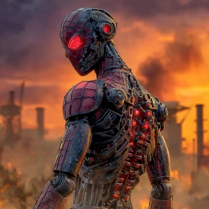 T-800 Spider-Man, apocalyptic futuristic background