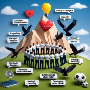 Create a knolling image about leadership. The image must have th...