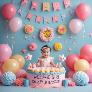 Create image for welcoming baby girl born on 4th July 2025 menti...