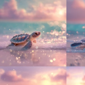 A baby sea turtle named Tika, crawling gently across soft, wet s...