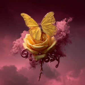 Yellow butterfly mixed with a rose while a cloud spelling a name...