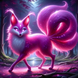 A luminous magenta-hued kitsune, its fur shimmering with an othe...